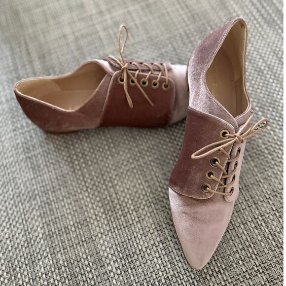 Stuart Weitzman Cello Velvet Lace Up Pointed Toe Oxford Flat Soft Petal Pink 9 - Picture 2 of 7